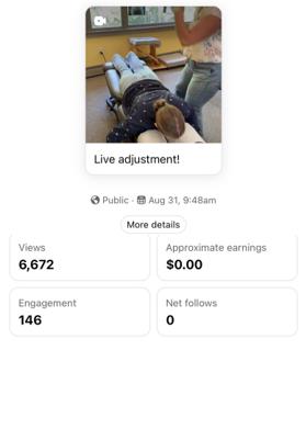 Facebook insights for a client post: 6,672 views and 146 interactions