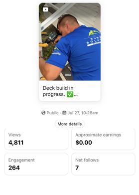 Facebook insights for a client post: 4,811 views, 264 interactions and 7 new follows