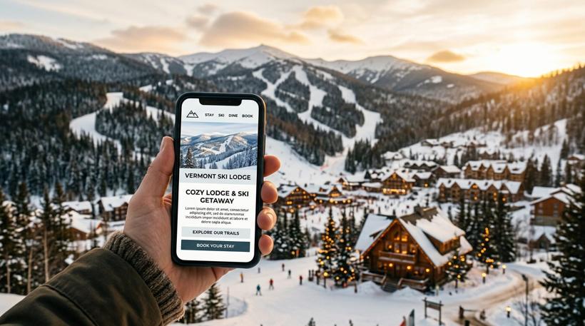 A phone showing a ski lodge website in front of a snowy Vermont ski resort village and mountain trails at sunset