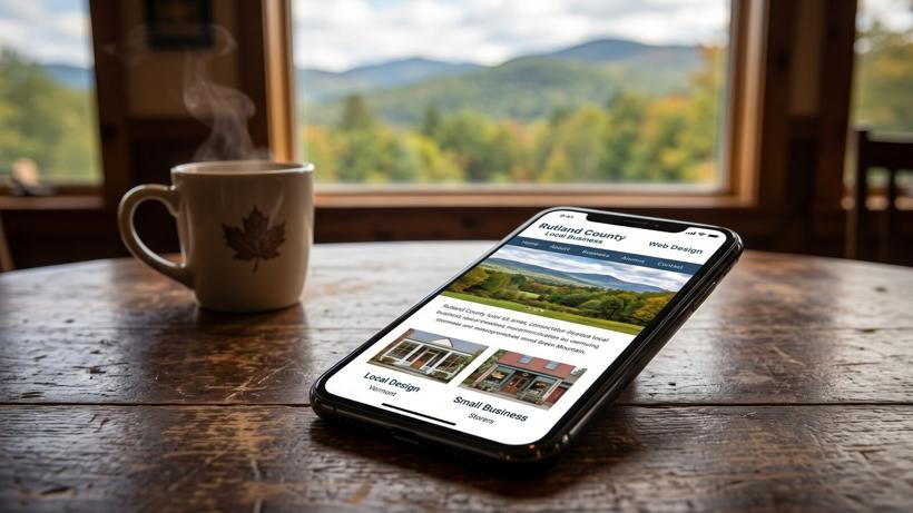 A Rutland County, Vermont small business website displayed on a phone, with the Green Mountains visible through the window behind it