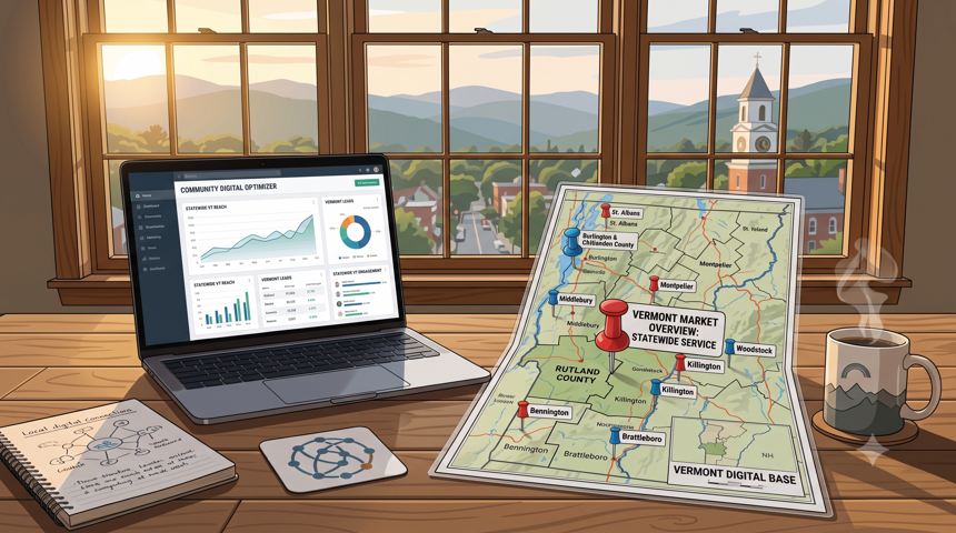 Vermont marketing strategy map showing Rutland County, Burlington, Chittenden County, and local SEO planning for businesses across Vermont
